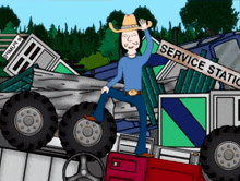 a cartoon of a man in a cowboy hat standing on a truck with a service static sign in the background
