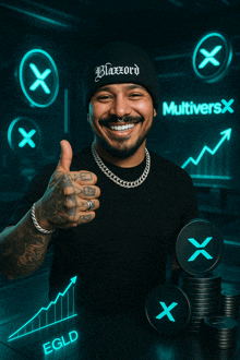 a man wearing a beanie with the word blazord on it gives a thumbs up