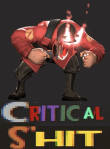 a cartoon of a soldier with the words " critical shit " above him