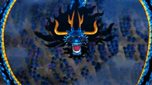 a cartoon drawing of a dragon with horns and a mouth open