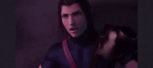 a man in a superhero costume is standing in a dark room with blue lights behind him .
