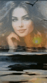 a painting of a woman in the water with birds flying around her