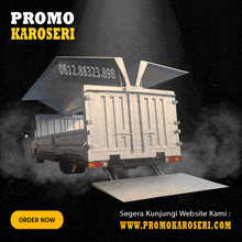 an ad for promo karoseri shows a truck with its wings open