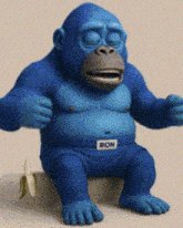 a blue gorilla named ron is sitting on a rock