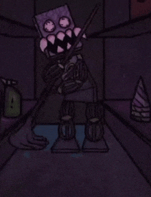 a cartoon drawing of a monster with a purple face