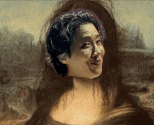 a painting of a woman 's face with a purple circle around her head