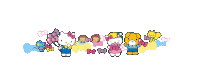 a group of hello kitty characters are lined up in a row on a white background