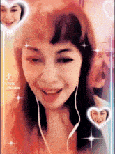 a woman wearing headphones is smiling with hearts around her