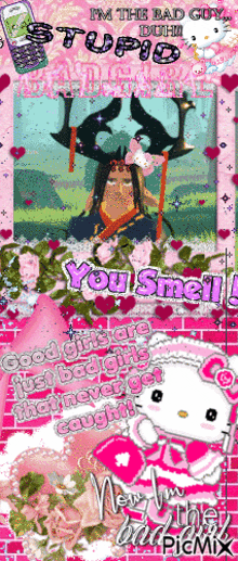a hello kitty poster that says ' i 'm the bad guy ' on it