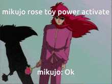 a cartoon of a girl with red hair holding a rose that says mikujo rose toy power activator