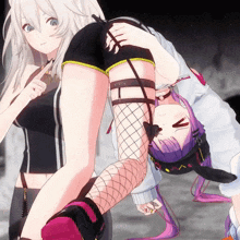 a girl with purple hair is laying on her back