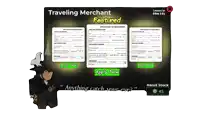 a traveling merchant featured sign with a wizard standing in front of it