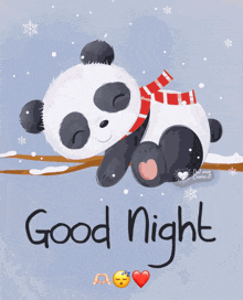 a panda bear with a scarf around its neck is sleeping on a branch with the words good night written below it