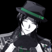 a black and white drawing of a man wearing a black hat with a green ribbon