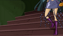 a cartoon character with long black hair and a purple top