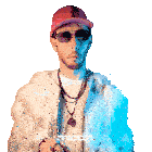 a man wearing sunglasses and a fur coat with the word mcdh on the bottom right