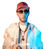 a man wearing sunglasses and a fur coat with the word mcdh on the bottom right