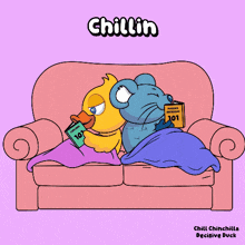 a cartoon of a duck and a mouse sitting on a couch with the words chillin above them