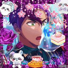 a man with purple hair is surrounded by purple flowers and a cake with the word love written on it
