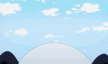 a close up of a panda bear 's face against a blue sky with clouds