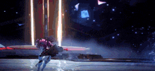 a woman in a pink outfit is holding a sword and shield