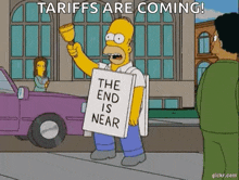 homer simpson is holding a sign that says `` the end is near '' and a bell .