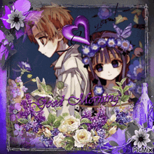 a picture of a boy and a girl with purple flowers and the words good morning on the bottom