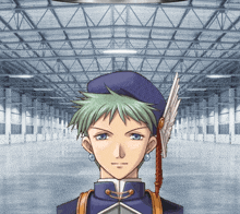 a boy with green hair and a blue hat with a feather on it