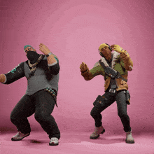 two video game characters are dancing on a pink background with one wearing a mask