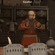 a man in a red outfit with the name gwalter written above him