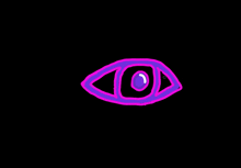 a drawing of a purple eye with a blue pupil on a black background