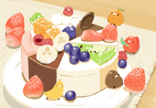 a drawing of a cake with strawberries and blueberries