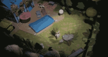 an aerial view of a backyard with a swimming pool and a house