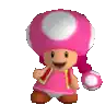 a pixel art of a pink toad wearing a pink dress and hat .