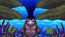 a drawing of a turtle in a pond with a waterfall coming out of it 's head