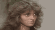 a close up of a woman 's face with long brown hair .