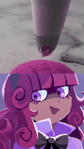 a pixel art of a girl with purple hair and purple eyes