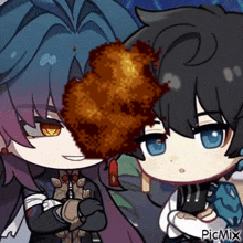 a couple of anime characters are standing next to each other and one of them is holding a large piece of food .
