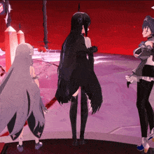 three anime characters are standing next to each other on a red background