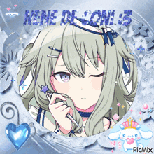 a picture of a girl in a circle with the words " kene de cons " on it