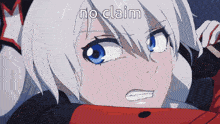 a girl with white hair and blue eyes has the word no claim above her