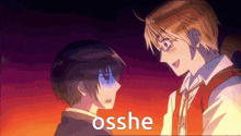 a couple of anime characters looking at each other with the word osshe in the corner