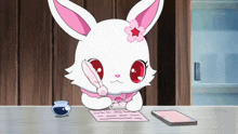 a pink and white bunny with a star on its head is writing on a piece of paper