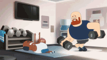 a cartoon of a man lifting weights in a gym