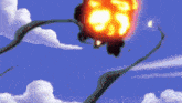 a cartoon drawing of a flower with a fireball coming out of it