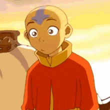 a close up of a cartoon character with a bald head wearing a red shirt and a yellow collar .