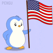 a blue and white penguin holding an american flag with the word pengu on the bottom