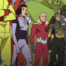 a group of cartoon characters are standing next to each other and one of them has the letter r on her chest
