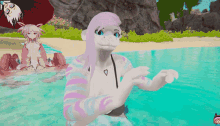 a cartoon character with pink hair is standing in the water near a beach