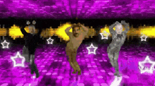 a group of people are dancing on a purple floor